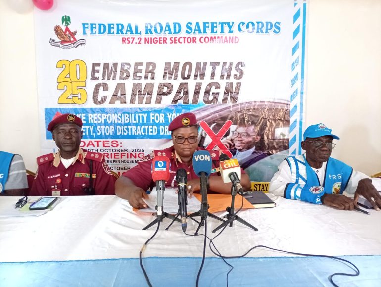 FRSC Corps Marshal Shehu Mohammed speaks during the launch of the 2025 Ember Months Road Safety Campaign and unveiling of the new contactless biometric driver’s licence system in Abuja.