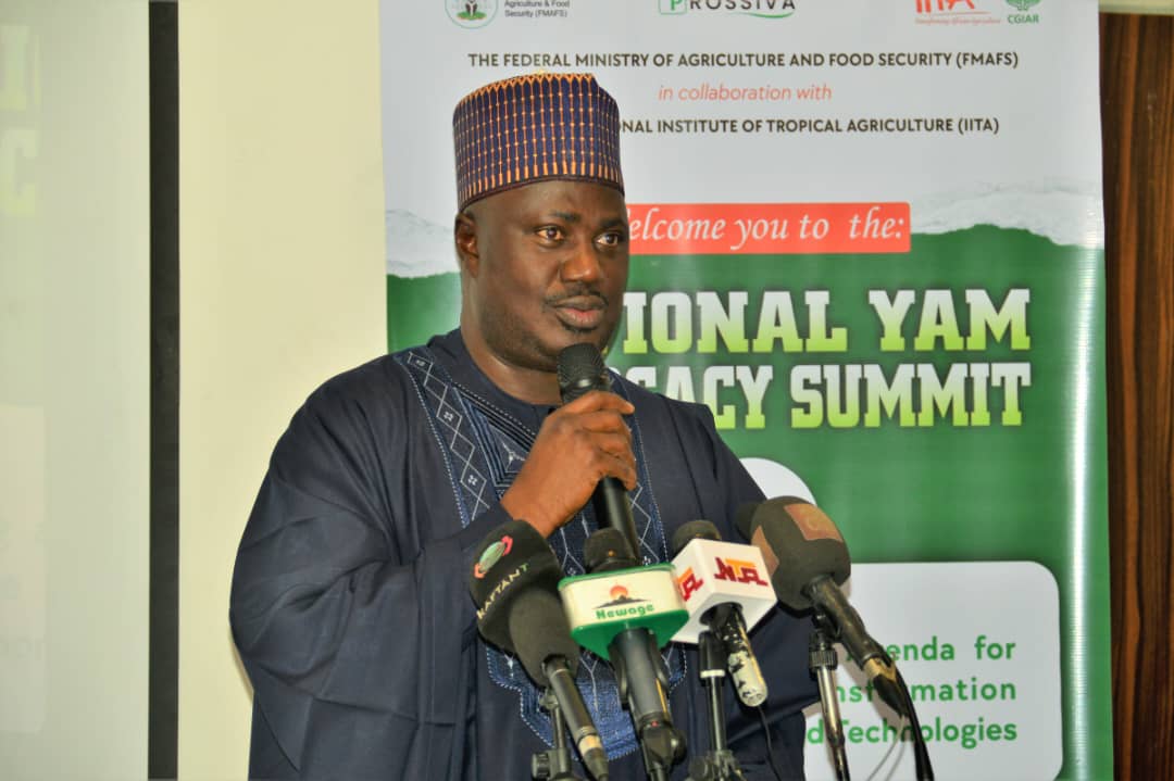 Minister of State for Agriculture Aliyu Sabi Abdullahi speaking at the National Yam Advocacy Summit on improving Nigeria’s yam yield.