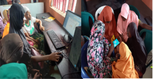 Girls in rural Abuja communities learning computer skills during ICT training programme