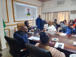 Professor Nnanyelugo Ike-Muonso speaking at an RMRDC media briefing in Abuja on Nigeria’s raw materials policy and industrial development.