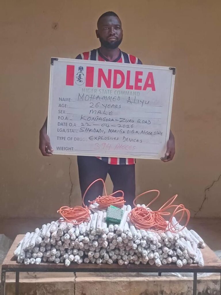 NDLEA officers inspecting seized illegal drugs and explosive device components recovered during nationwide operations in Niger State, Kwara, Oyo, Edo, and other states.