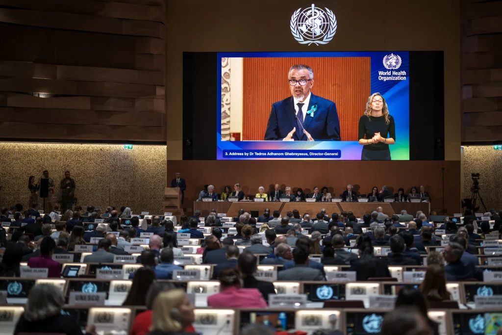 World Health Organization officials and global health ministers attending a meeting in Geneva discussing Ebola, hantavirus outbreaks and global health funding challenges