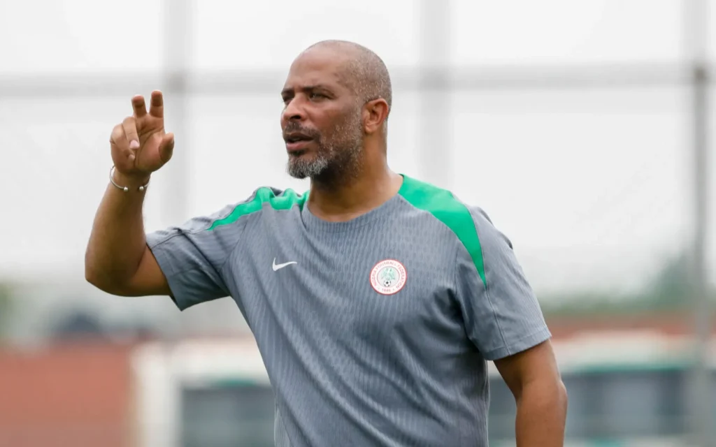 Super Eagles players celebrate during an international football match as head coach Eric Chelle announces squads for the Unity Cup and European friendlies.