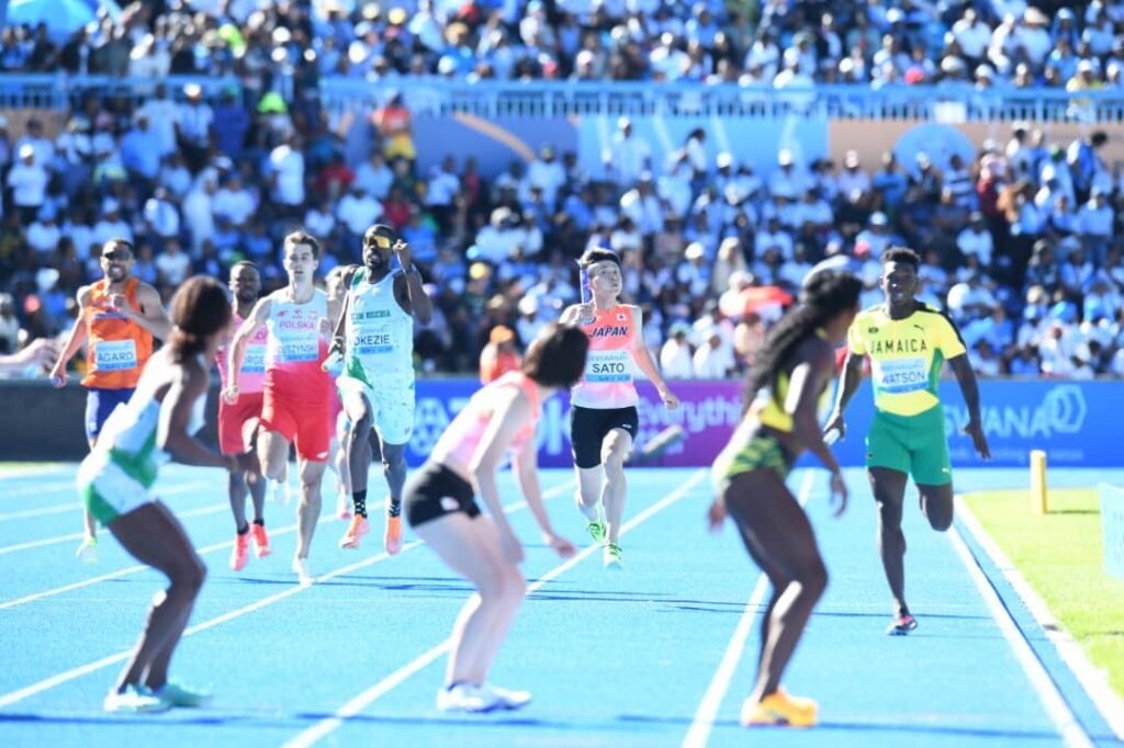 Team Nigeria athletes competing in relay events at the 2026 World Athletics Relays in Gaborone, Botswana
