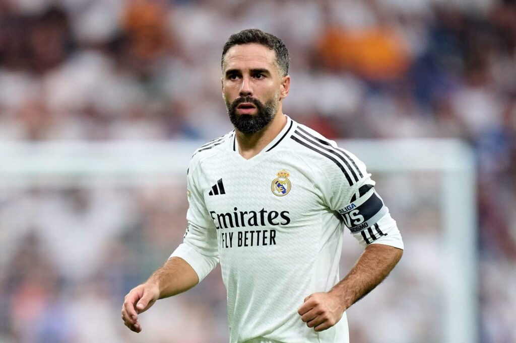 Dani Carvajal in Real Madrid kit during a match at Santiago Bernabeu Stadium