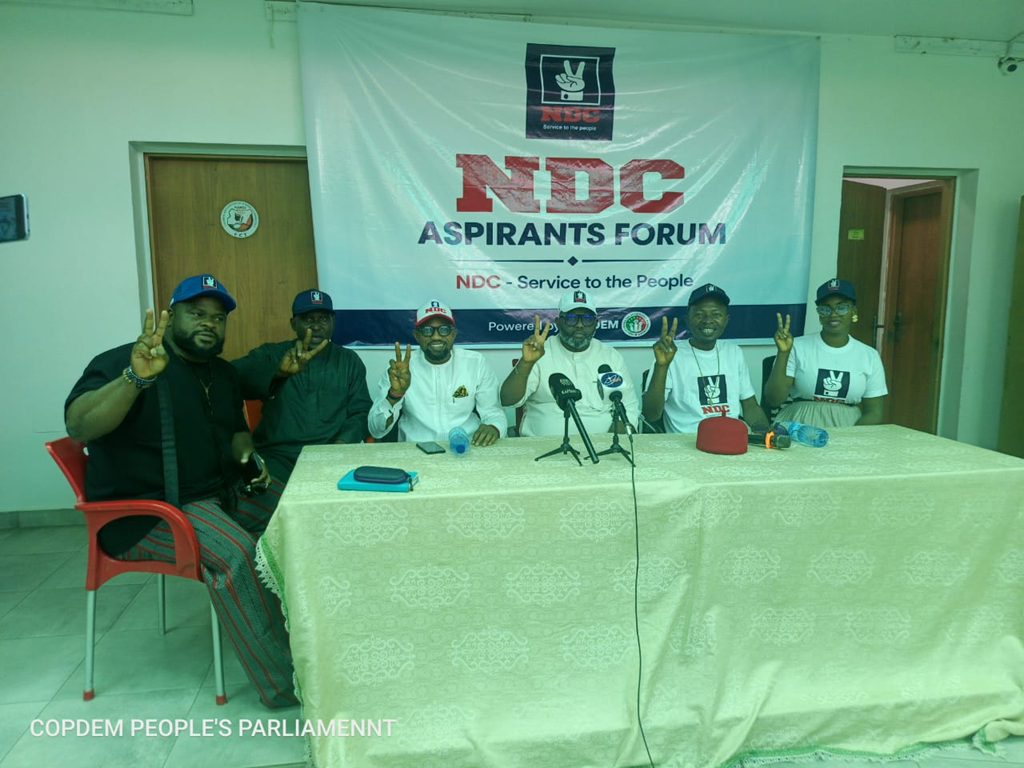 NDC aspirants speaking at a press conference in Abuja on governance reforms, credible elections, and preparations for the 2027 general elections.