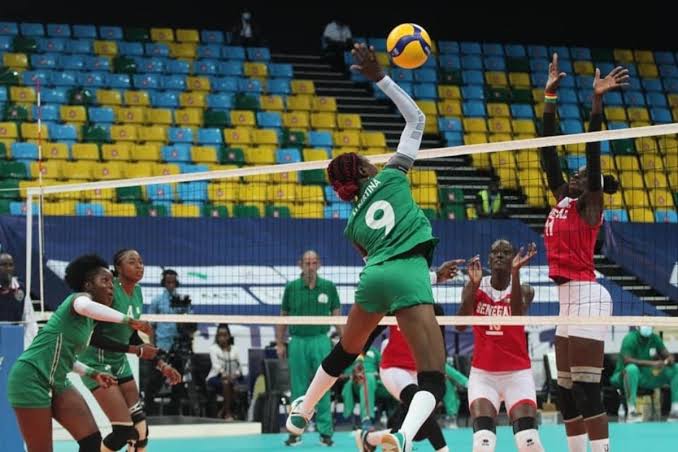 Volleyball players in action during a national league match at the Indoor Sports Hall of the Moshood Abiola National Stadium as teams prepare for the 2026 NVBF Division One and Two League.