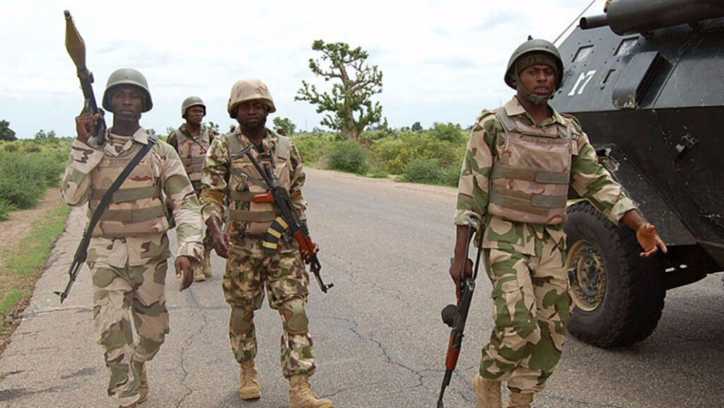 Nigerian troops under Operation HADIN KAI patrol a public area amid heightened security alerts ahead of Eid-el-Kabir celebrations.