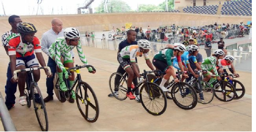 Nigerian cyclists competing at the 2026 CAC Track African Championships inside the Abuja velodrome.