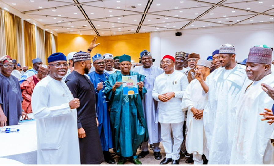 Kashim Shettima presenting Bola Tinubu’s 2027 APC presidential nomination forms at APC headquarters in Abuja during official submission ceremony.