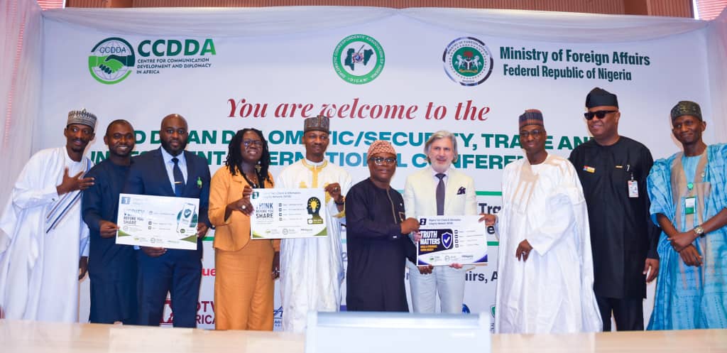 Goodluck Jonathan speaking at a diplomatic and security conference in Abuja on combating misinformation and strengthening global information systems.