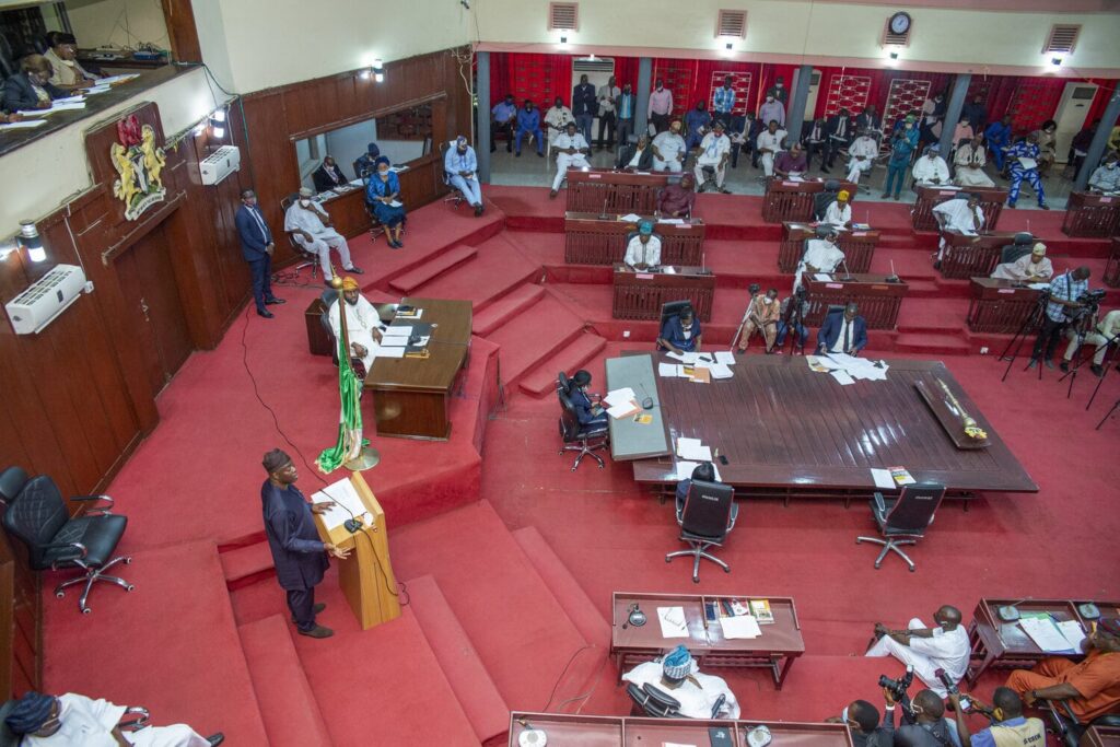 Oyo State House of Assembly chamber during a legislative session discussing security concerns and the abduction of teachers and students in Oriire LGA.