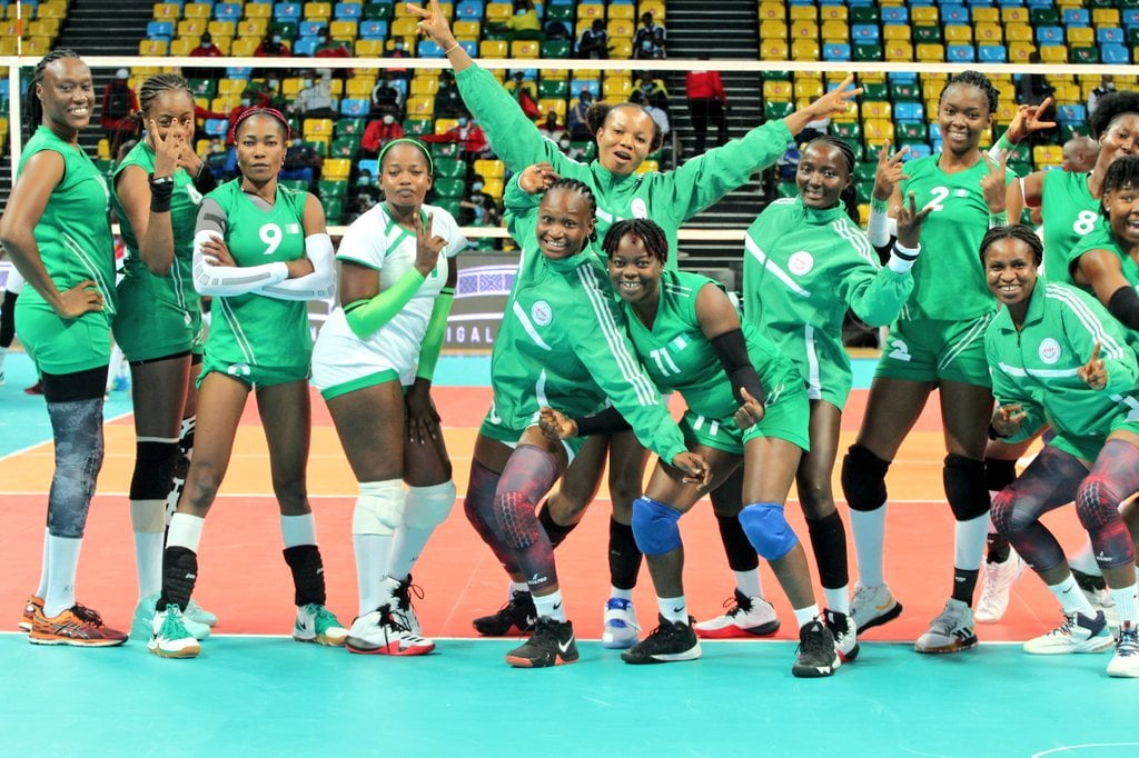 Volleyball players in action during NVBF Division One and Two League matches in Abuja as teams compete for promotion.