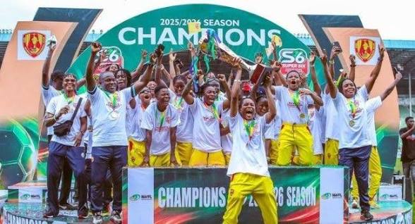 Edo Queens players celebrating their 2025/26 Nigeria Women Football League Premiership title after sealing the championship with a draw against Bayelsa Queens.