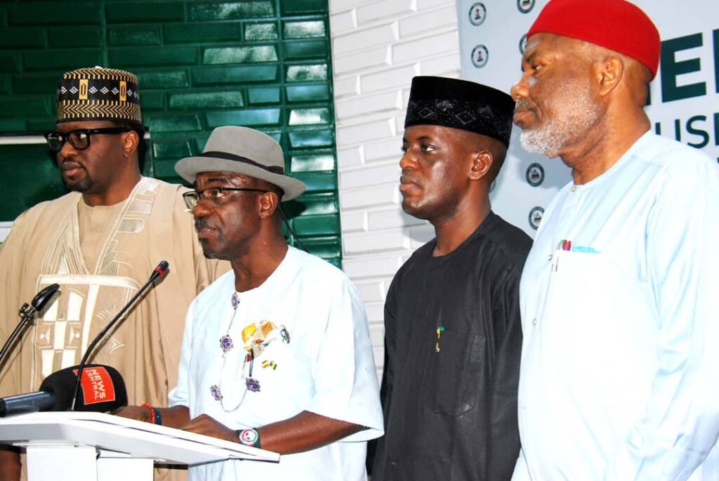 House of Representatives Minority Caucus briefing journalists at the National Assembly on security, governance and Nigeria's economic challenges.