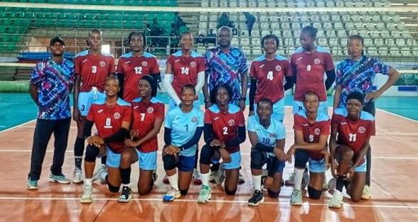 Volleyball players in action during a CGC Volleyball Premier League match in Abuja, with teams competing for crucial victories