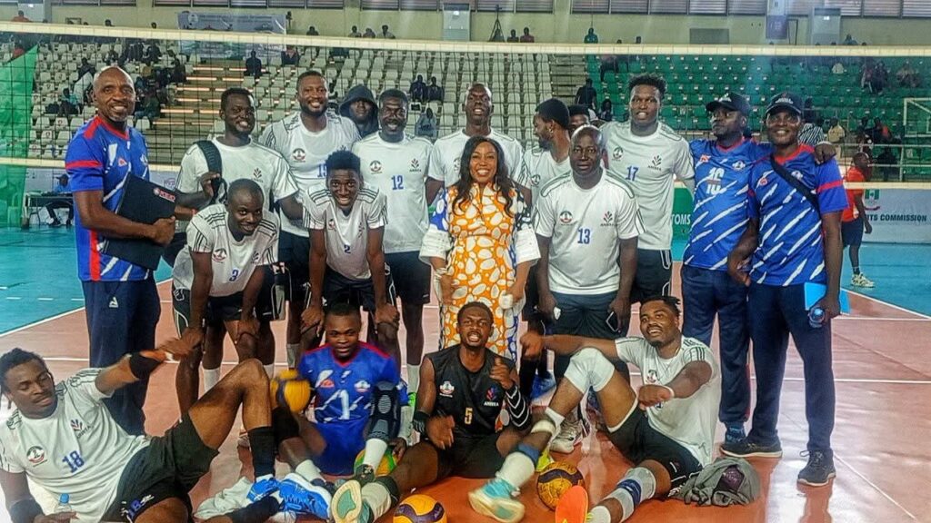 Nigeria Customs Service men's and women's volleyball teams competing during the 2026 CGC Volleyball Premier League at the Moshood Abiola National Stadium in Abuja