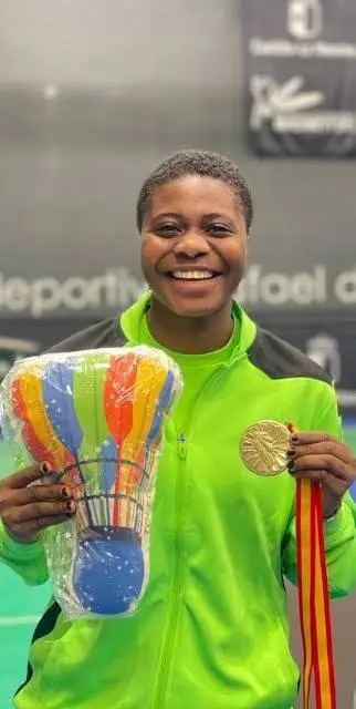 Nigerian para badminton player Eniola Bolaji in action during the SL3 women's singles competition at the British & Irish Para Badminton International in Dublin
