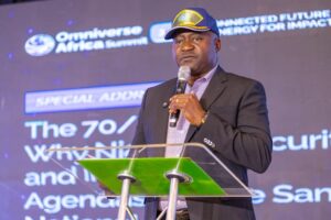Defence Minister General Christopher Musa (Rtd) speaking at the Omniverse Africa 3.0 Summit in Lagos, calling on Nigerian innovators, startups, and researchers to develop indigenous defence technologies