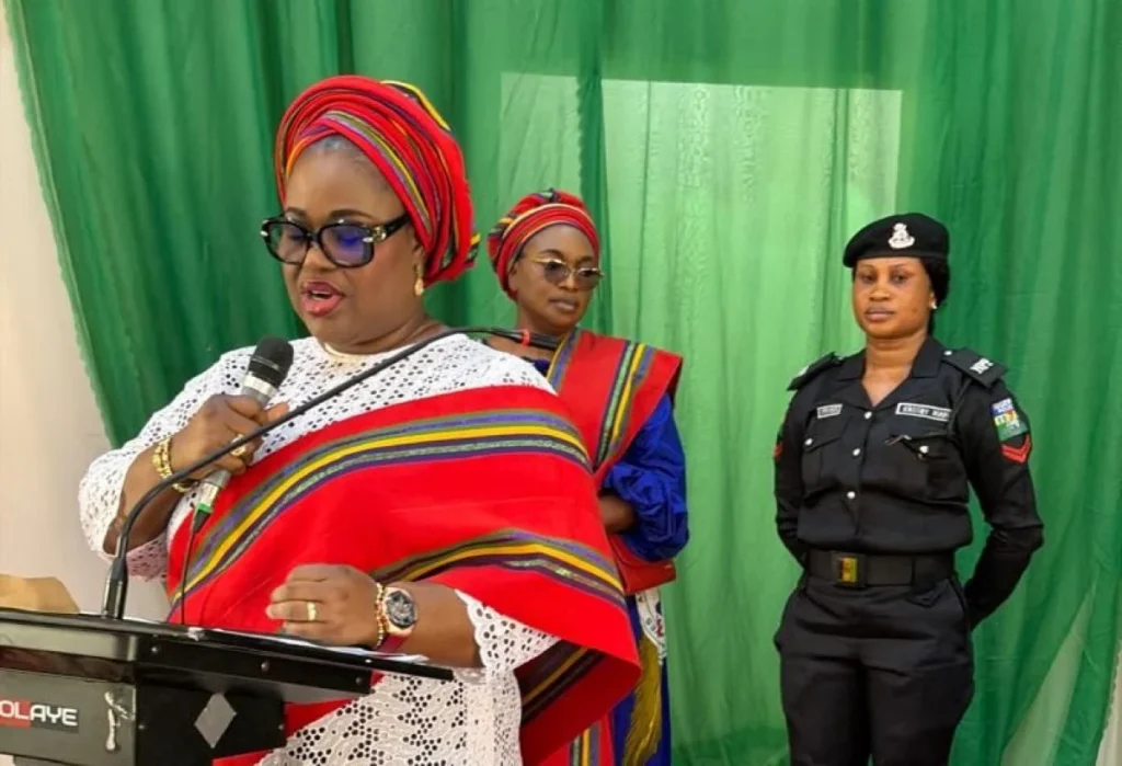 POWA President Mutiat Disu addressing police families on expanded welfare programmes.