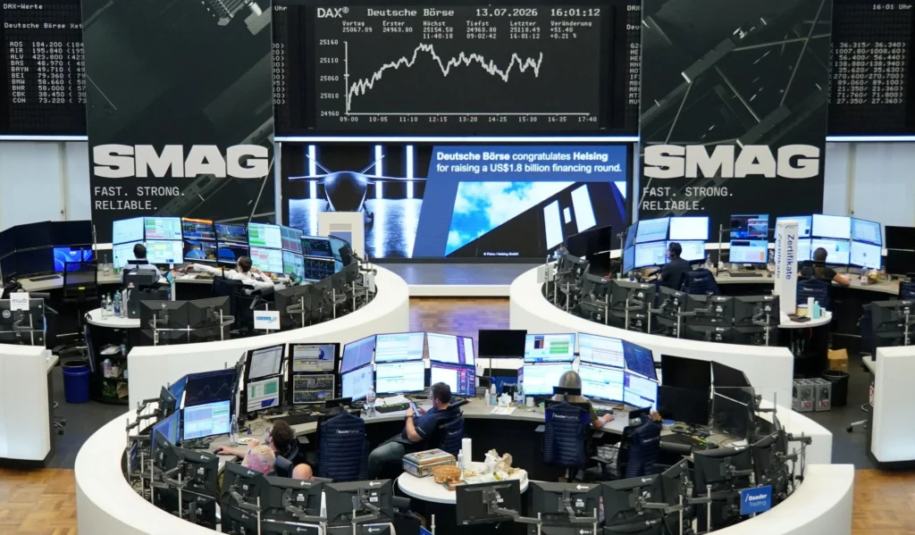 A digital stock market display showing falling European shares amid rising oil prices and Middle East tensions.
