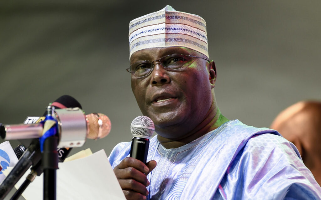 Atiku Abubakar speaking at a press briefing as he calls on Bola Tinubu to order an independent investigation into the alleged Presidential Foreign Intervention Promotion Council (PFIPC).