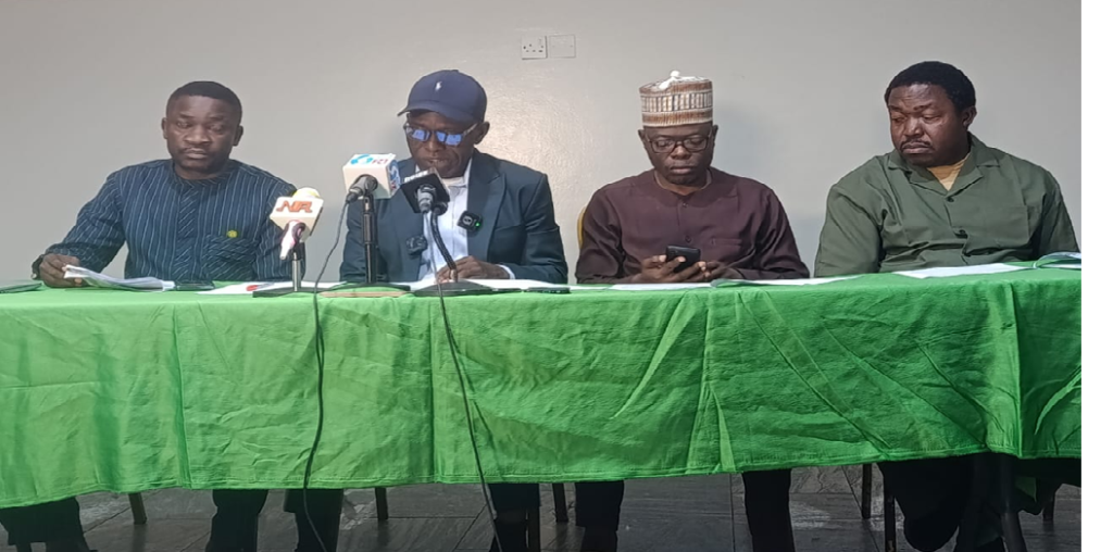 Officials of the Nigerian Association of Medical and Dental Academics (NAMDA) address journalists after a National Executive Council meeting in Abuja.
