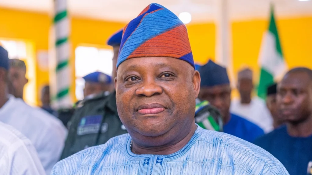 Osun State Governor Ademola Adeleke addresses residents while urging eligible voters to collect their Permanent Voter Cards