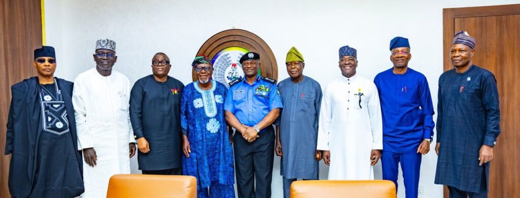 Group of former Inspectors-General of Police meeting with officials of the Nigeria Police Force to express support for ongoing police reforms and improved national security strategies.