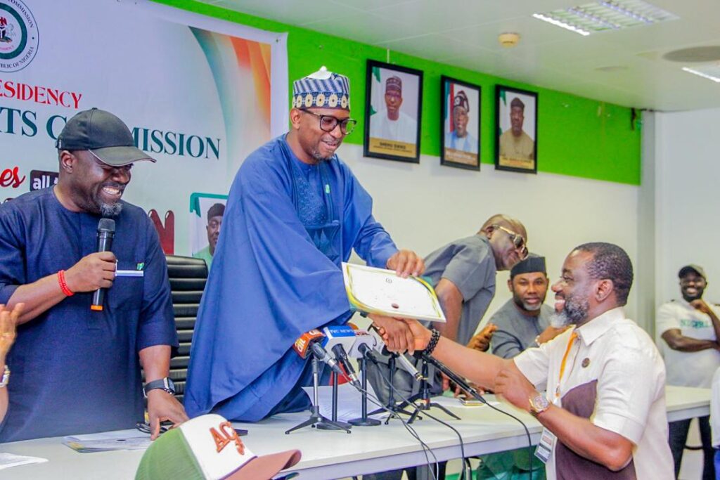 NSC Chairman Shehu Dikko and newly inaugurated executives of Nigeria's Para Sports Federations during the inauguration ceremony