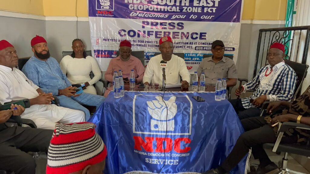 Leaders of the FCT South-East chapter of the Nigeria Democratic Congress (NDC) speaking on alleged manipulation of the AMAC/Bwari House of Representatives candidate selection process.