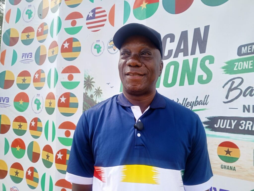 Players compete during the African Nations Cup Beach Volleyball Zone 3 Qualifiers hosted in Badagry, Nigeria.