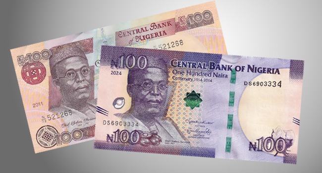 A standard ₦100 Nigerian banknote alongside the ₦100 commemorative note issued by the Central Bank of Nigeria