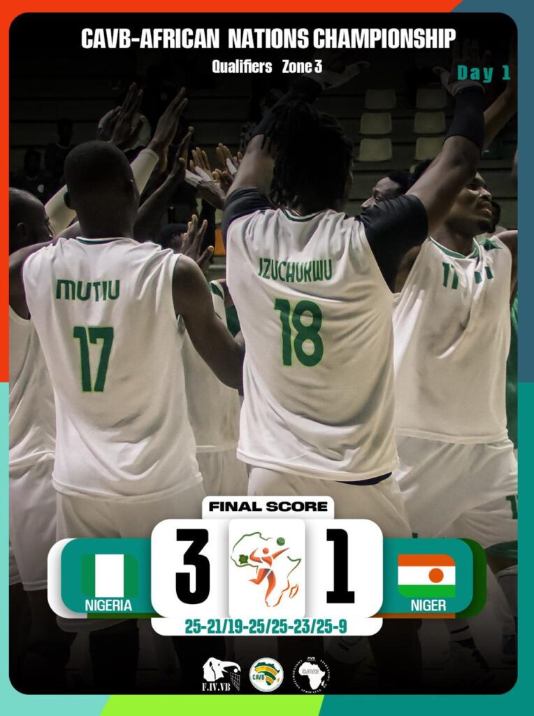 Nigeria men's volleyball players celebrating after defeating Niger Republic in the 2026 African Nations Cup Zone 3 Qualifiers.