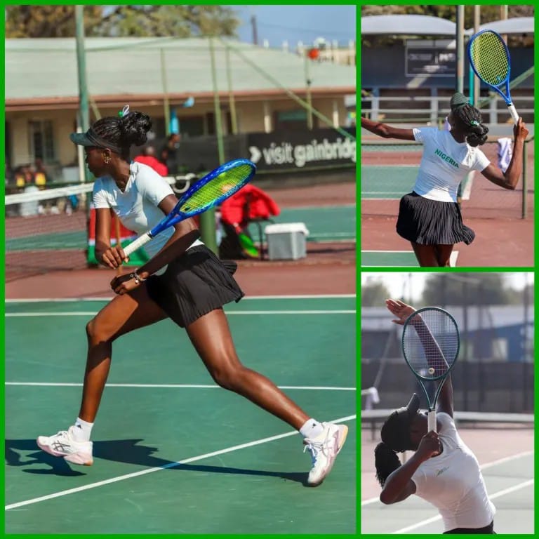 Nigeria tennis players celebrating after defeating Namibia at the 2026 Billie Jean King Cup Africa Group III qualifiers in Botswana.