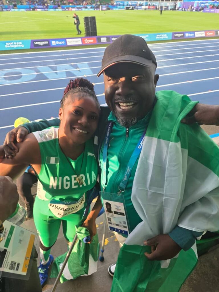 Goodness Nwachukwu celebrates after breaking the world record at the 2026 Commonwealth Games