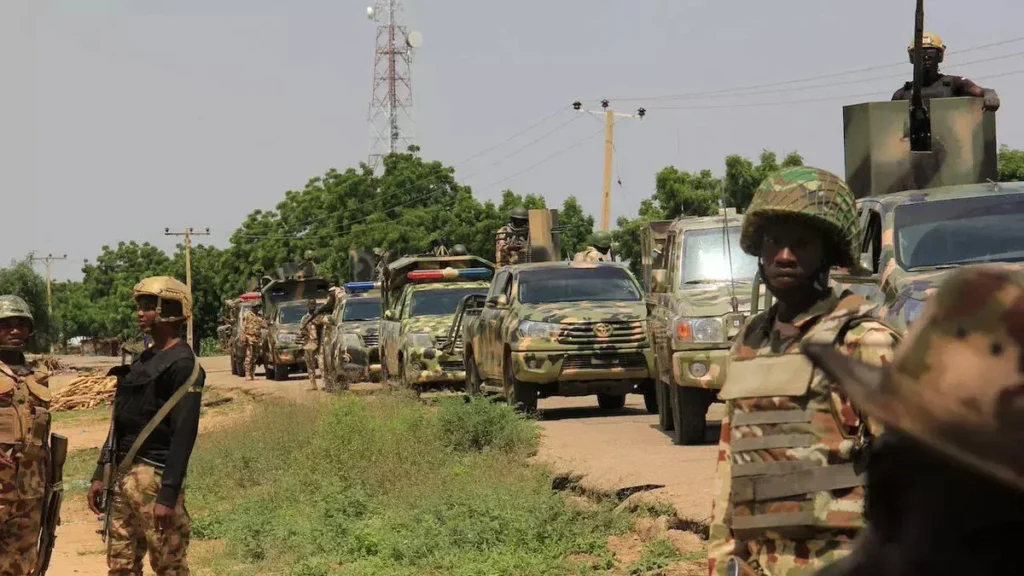 Operation HADIN KAI troops conducting a security operation in Borno State after foiling a terrorist infiltration and evacuating female students.
