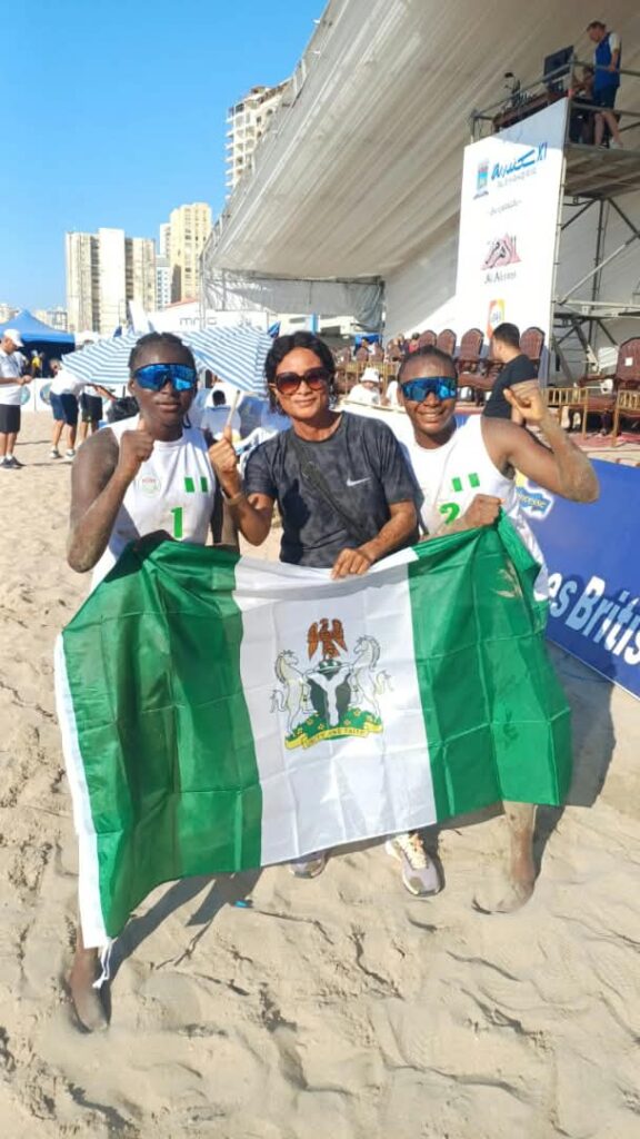 Nigeria women’s beach volleyball team celebrate after defeating Morocco 2-0 to qualify for the Los Angeles 2028 Olympics