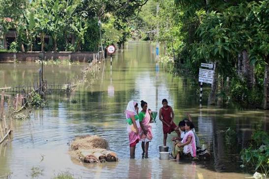 Floodwaters submerge villages and farmland in Assam, India, after severe flooding kills dozens and displaces residents.