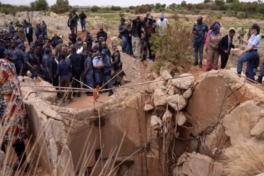 Rescue workers at a disused mine near Rustenburg, South Africa