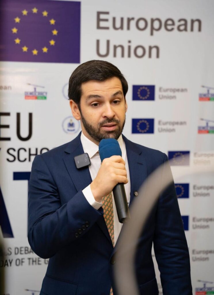 EU Deputy Head of Mission Pedro Saraviva speaks during the NILDS-EU inter-secondary school debate in Abuja.