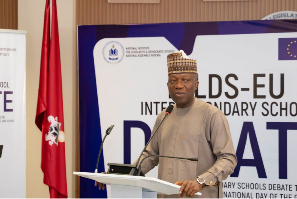 NILDS Director-General Professor Abubakar Sulaiman speaks during the NILDS-EU inter-secondary school debate in Abuja.