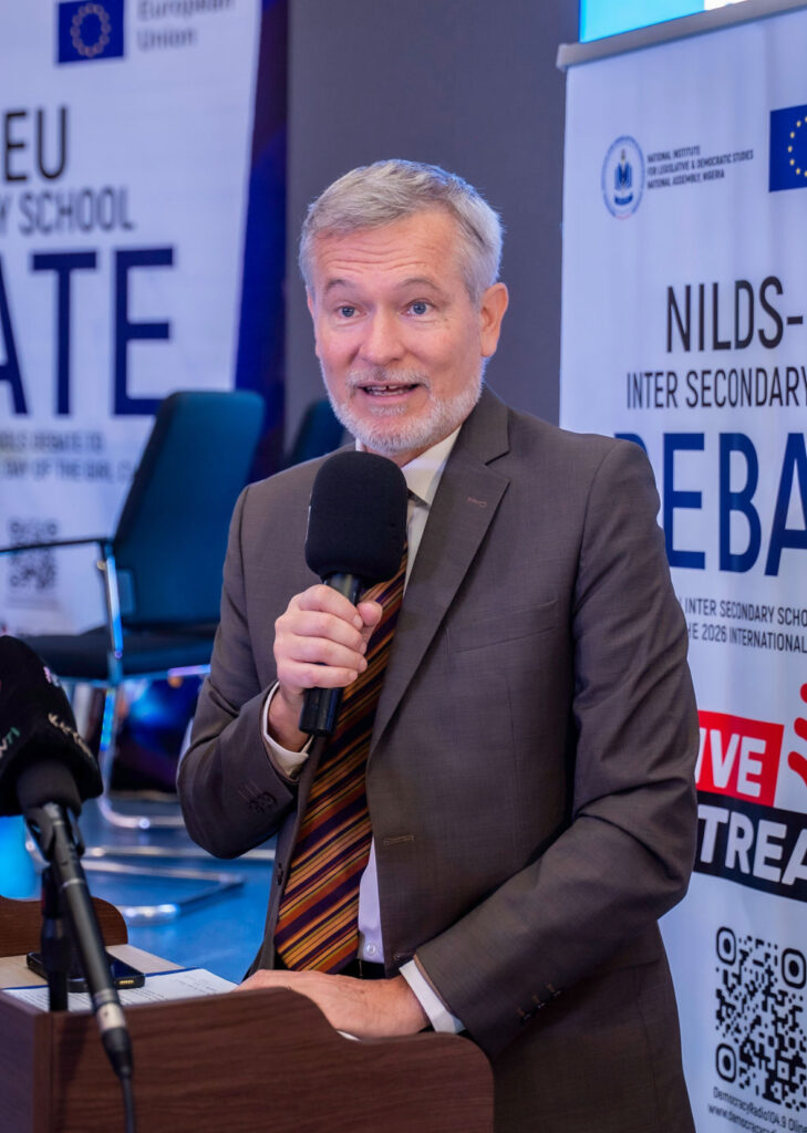 EU Ambassador Gautier Mignot at the NILDS girls’ rights debate finale in Abuja.